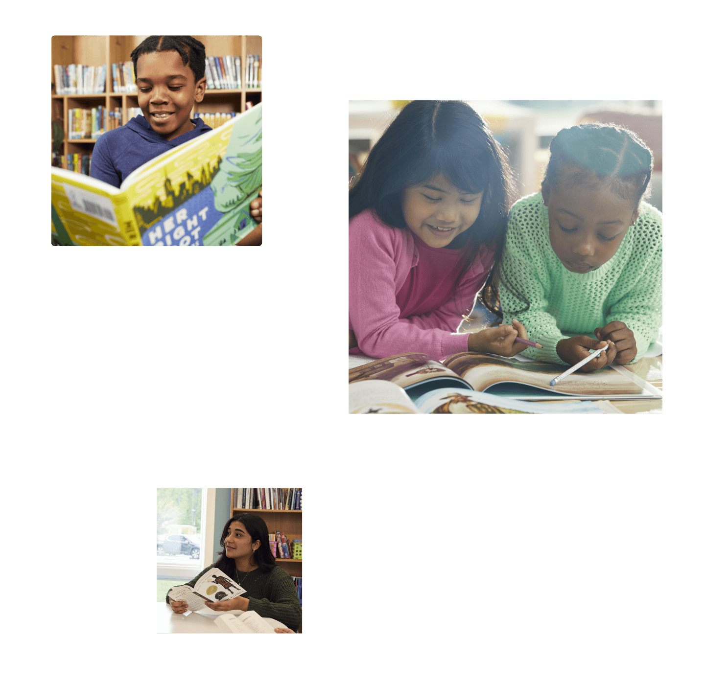 Three frames of images of students collaborating and reading together. Three frames of images of students collaborating and reading together.