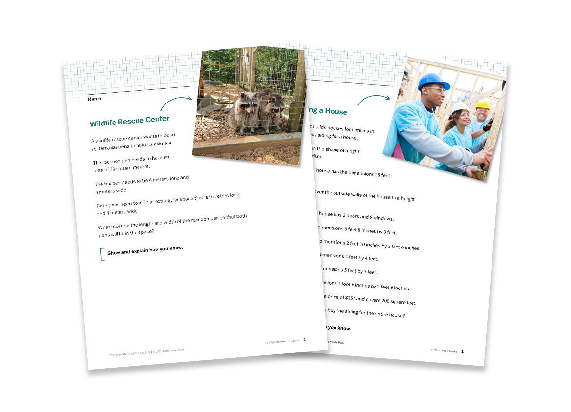 Two documents next to each other showing Performance Assessments from grade 3 and grade 5. Both show text and an image related to the context.