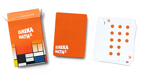 Three images of Eureka Math Squared playing cards. The card box with Eureka Math Squared logo (left), the back of the playing cards (center), and a pile of playing cards with King with 10 orange dots. Three images of Eureka Math Squared playing cards. The card box with Eureka Math Squared logo (left), the back of the playing cards (center), and a pile of playing cards with King with 10 orange dots.