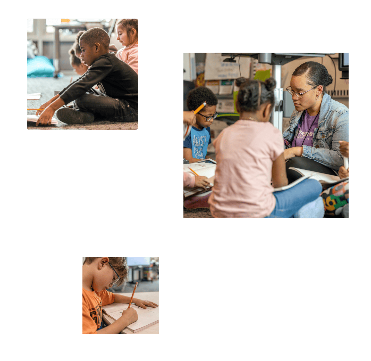 Three frames of images showing students and a teacher interacting in the math classroom. Three frames of images showing students and a teacher interacting in the math classroom.