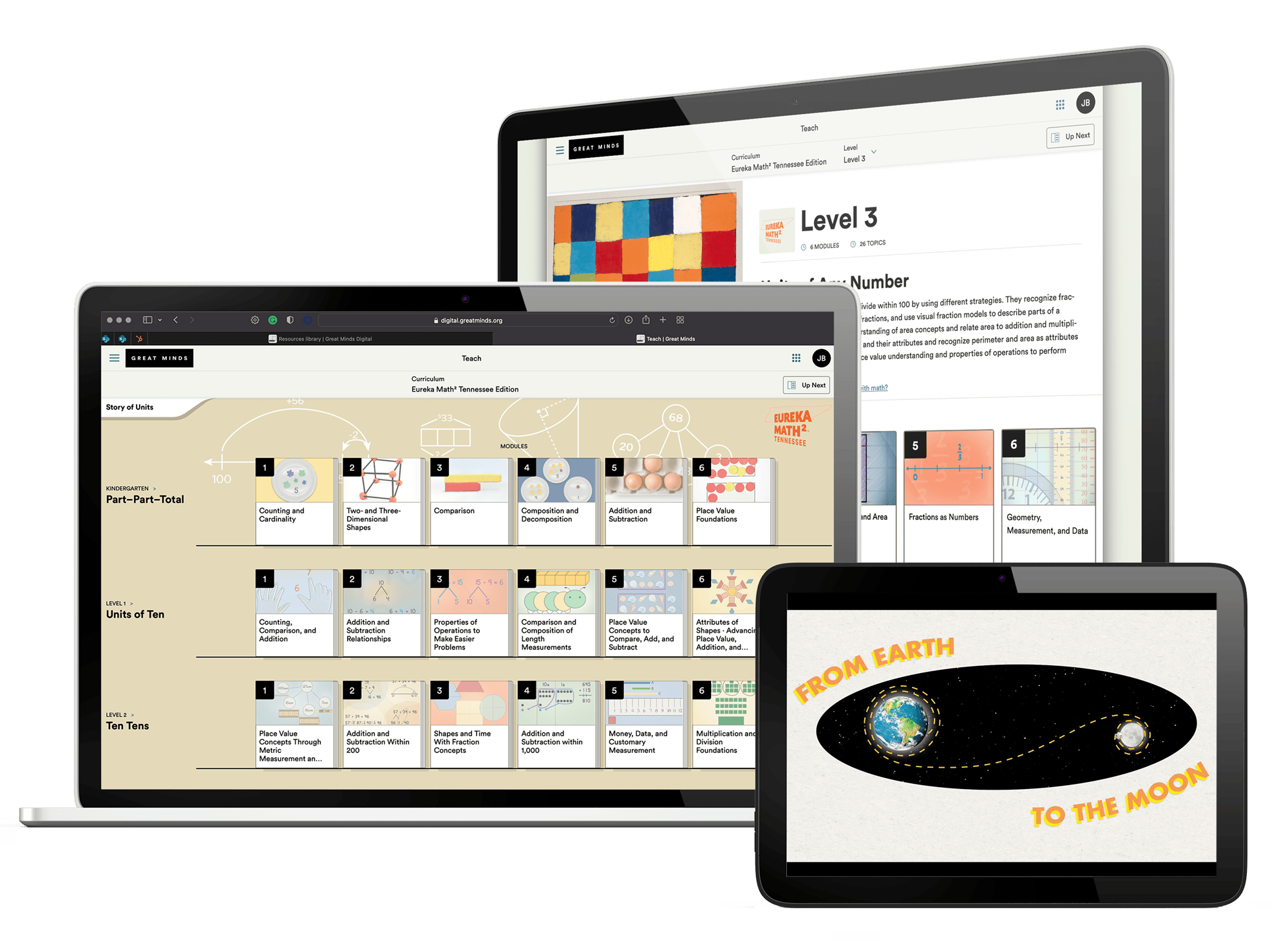 Lesson plans, course overviews, and videos are shown on small and medium digital devices. Lesson plans, course overviews, and videos are shown on small and medium digital devices.