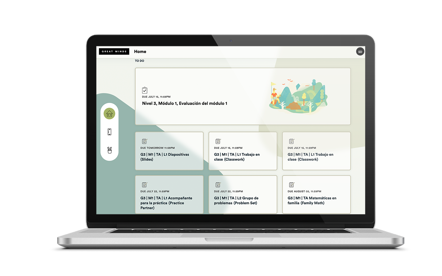 Imagen de la plataforma digital para estudiantes de Eureka Math Squared en la pantalla de una computadora portátil, donde se muestran asignaciones Imagen de la plataforma digital para estudiantes de Eureka Math Squared en la pantalla de una computadora portátil, donde se muestran asignaciones