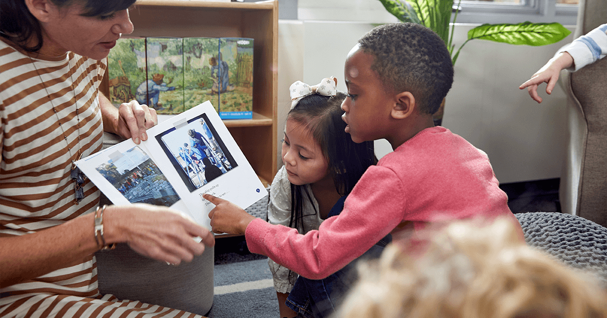 Educator reading a Geodes book to students Educator reading a Geodes book to students