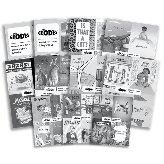 Black and white fanned out stack of My Geodes books Black and white fanned out stack of My Geodes books