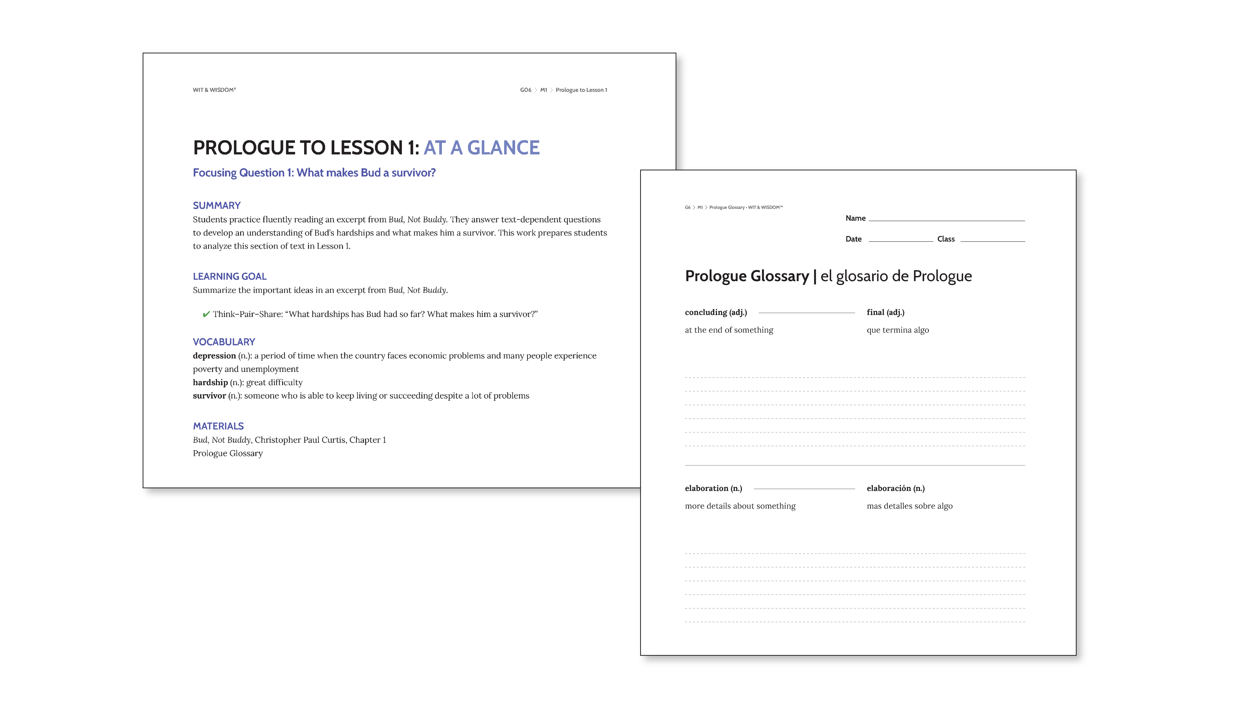 Prologue to Lesson 1: At A Glance includes summary, learning goal, and vocabulary. Glossary for concluding and elaboration in English and Spanish.